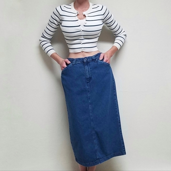 Vintage 90s Lee Riders Mid Wash Stone Wash Stretchy Basic Denim Maxi Skirt Med - Picture 2 of 11